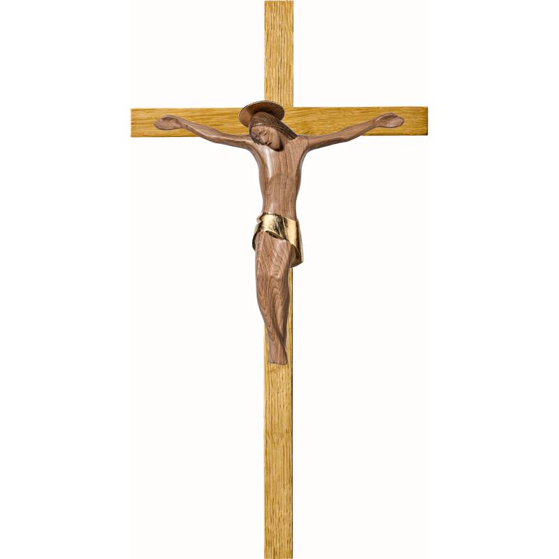 Christ modern ROMA with aureole on oak cross